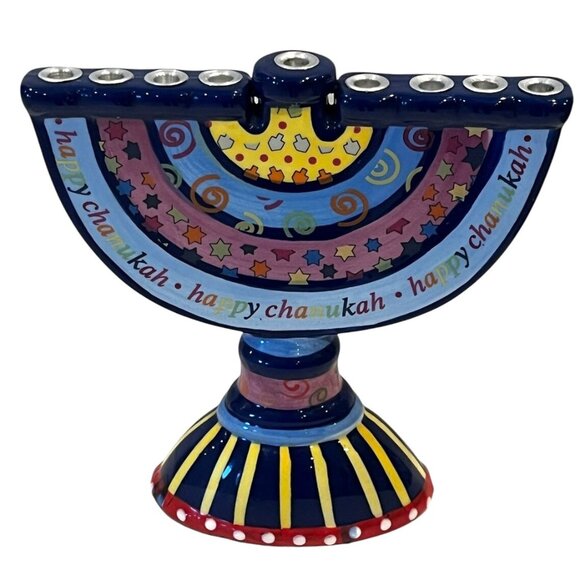 Jacob Rosenthal Judaica Handpainted Ceramic Hanukkah Menorah Candle Holder 8"